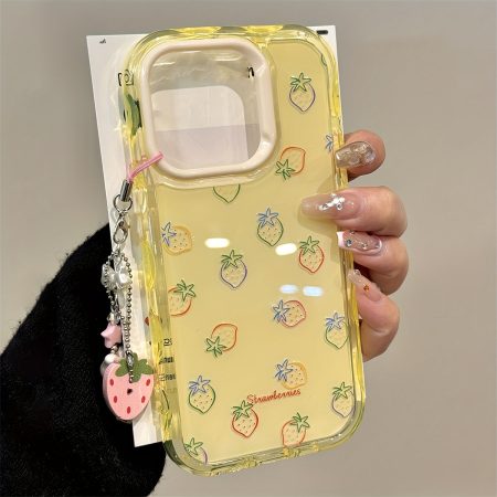 Cute Strawberry Pattern Glossy Jelly Wave Edge Phone Case for iPhone 16 15 14 13 11 12 Pro Max 16 15 14 Plus with Lovely Rabbit Pendant Girl Back Cover