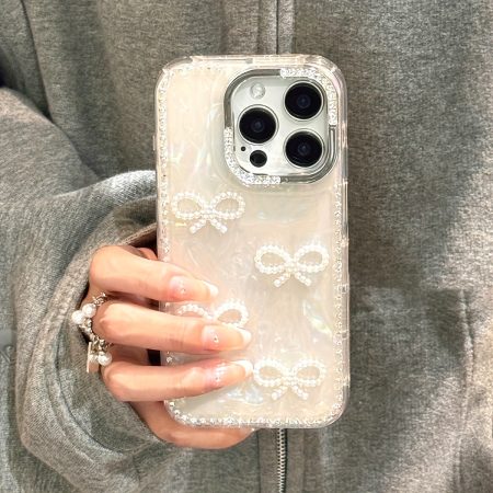 Luxury 3D Pearl Bow Glitter Rhinestone Shell Pattern Phone Case for iPhone 16 15 14 13 12 Pro Max Stylish Bling Back Cover