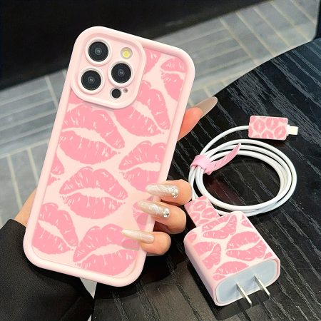 5pcs set of colorful heart-shaped pink mobile phone cases + data cable protective cases, compatible with Apple fast charging cables, suitable for iPhone11/12/12promax/13/13promax/14/14pro/14plus/14promax/15/15pro/16/16plus/16promax/16pro/15promax protecti
