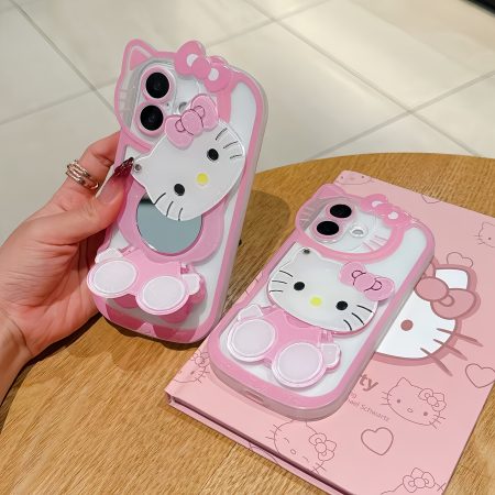 Sanrio 1pc Hello Kitty Exquisite Girls' 3D Makeup Mirror for Phone Case, TPU Material, Foldable Stand for iPhone Protective Case, Anti Fall/Decorative Multifunctional Fashionable for Phone Case, Suitable As A Surprise Gift for Couples, Classmates, Roommat