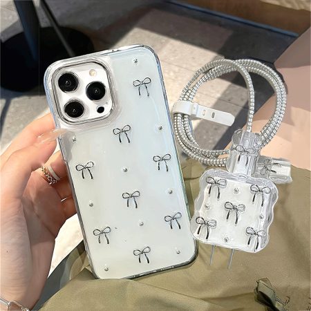 Luxury Stylish Cute Bowknot Epoxy Phone Case + Charger Cover Compatible with Iphone 16 15 14 13 12 11 Pro Max Soft Back Cover