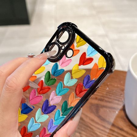 High-end Business Creative Luxurious Colorful Hand-painted Heart Fashion Decorative Pattern Phone Case, Compatible with iPhone 16, 16e, 15, 14, 13, 12 Mini, 11 Pro Max, X, XR, XSMAX, 8, 7 e Plus Black Frame Shockproof Transparent Back Cover
