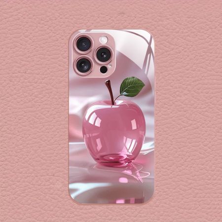 Pink Crystal Apple New For IPhone 16/16 Pro/16 Plus/16 Pro Max/15/15 Pro/15 Pro Max/14/14 Pro/14 PLUS/14 Pro Max/13/13 Pro/13 Pro Max/13 Mini/12/11/XR/XS/X/7 Pink Metal Paint Tempered Glass Mobile Phone Case, Mobile Phone Accessories